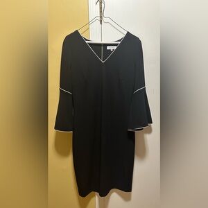 Calvin Klein V Neck Black Bell Sleeve Sheath Dress W/White Piping (8)
